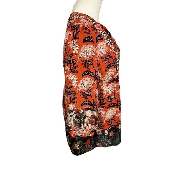 John Mark Orange Artsy Boho Floral Mixed Print Blouse Size Medium Oversized - Picture 3 of 10